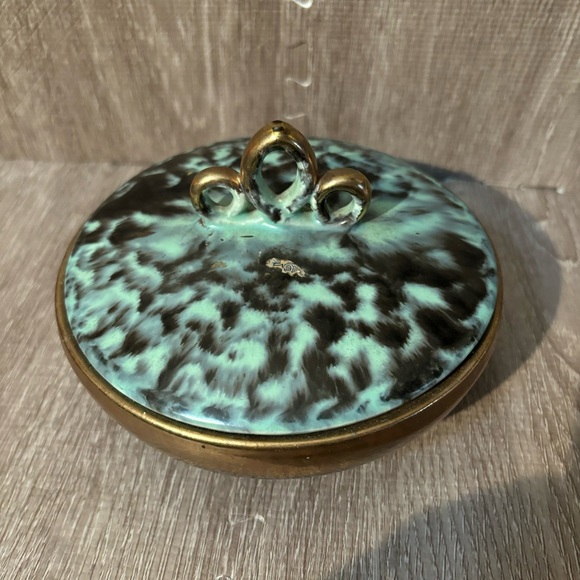 RARE MCM Fohr-Keramik Candy Trinket Dish W/lid Germany 320 Gold Green Lava Glaze - Picture 2 of 9
